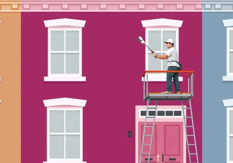 Peintre sur échafaudage traitant la façade d'une maison